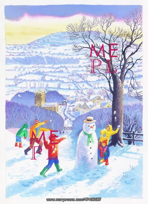 : Five children by a snowman snowballing : Five children by a snowman snowballing