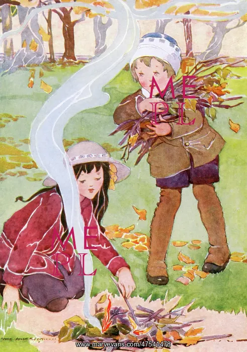 : Two children tend to a fire : Two children tend to a fire