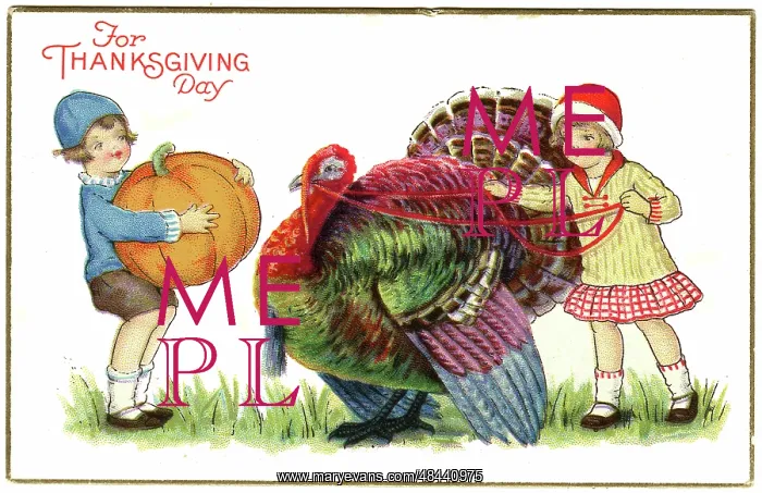 : Two children with Thanksgiving Turkey and pumpkin : Two children with Thanksgiving Turkey and pumpkin