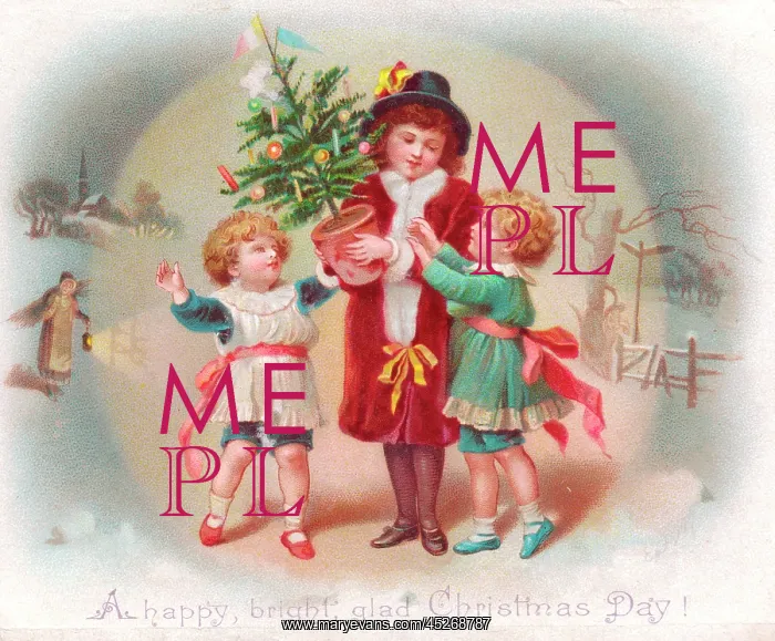 : Three children with tree on a Christmas card : Three children with tree on a Christmas card
