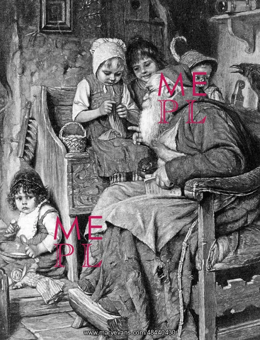 : Children visiting a hermit, around 1900 : Children visiting a hermit, around 1900