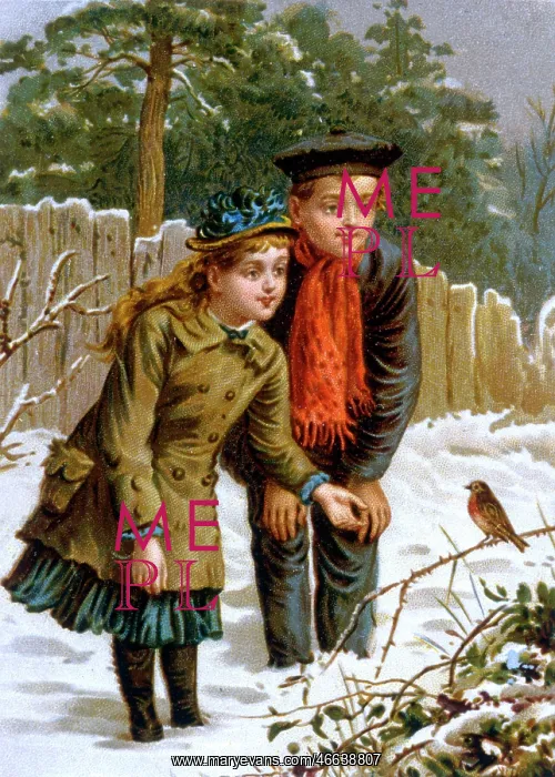 : Children watching Robin - Christmas Card : Children watching Robin - Christmas Card