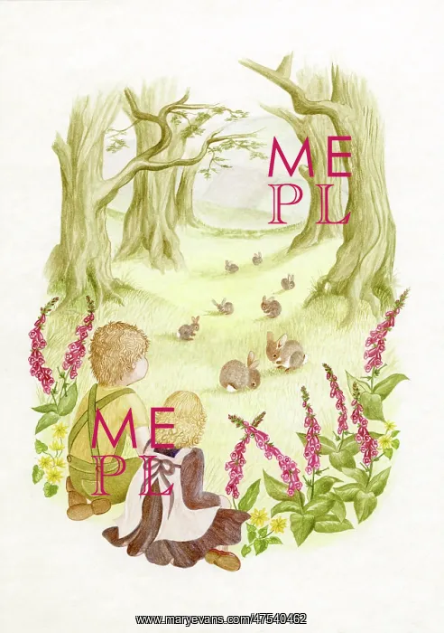 : Two children in a wood looking at rabbits : Two children in a wood looking at rabbits