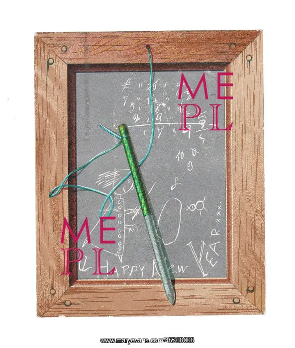 : Child's slate with pen and scribbles on a New Year card : Child's slate with pen and scribbles on a New Year card