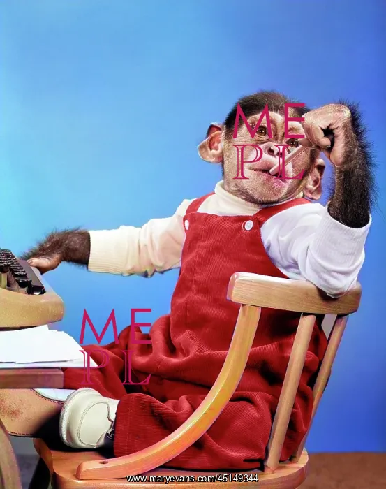 : Chimpanzee in Overalls Sitting in Chair at Typewriter : Chimpanzee in Overalls Sitting in Chair at Typewriter