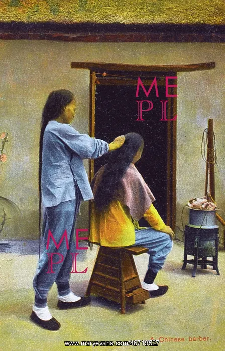 : China - A Chinese Barber, preparing a long pigtail : China - A Chinese Barber, preparing a long pigtail