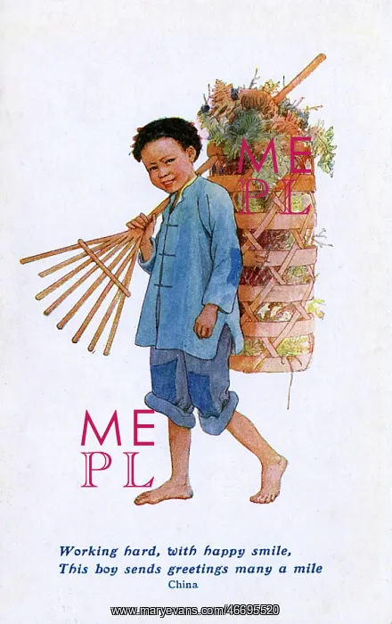 : Chinese country boy with rake and laden backpack : Chinese country boy with rake and laden backpack