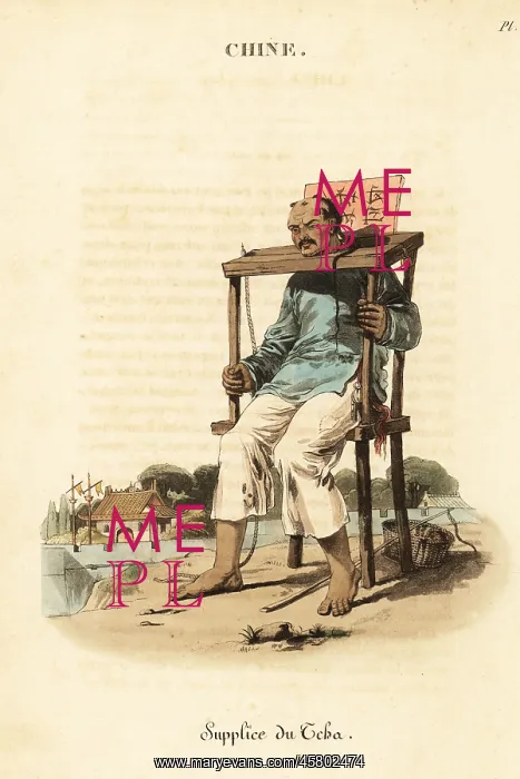 : A Chinese criminal locked into a cangue, 18th century : A Chinese criminal locked into a cangue, 18th century
