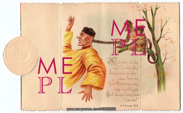 : Chinese man and monkey on a Christmas card : Chinese man and monkey on a Christmas card