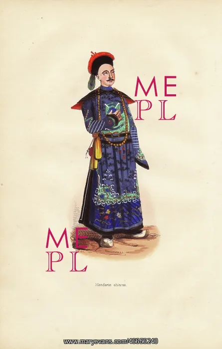 : Chinese mandarin in embroidered tabard and hat with feather : Chinese mandarin in embroidered tabard and hat with feather