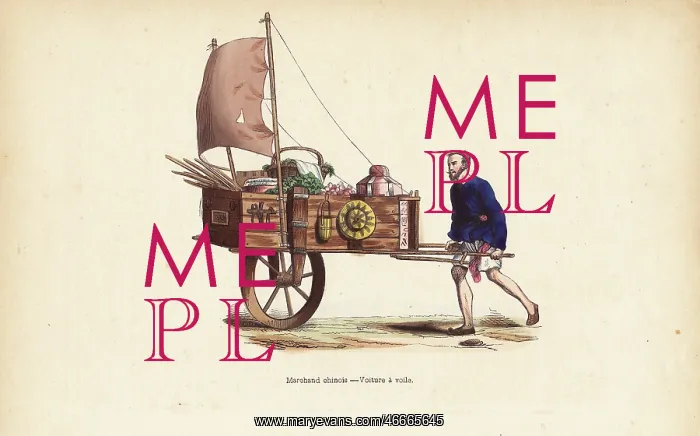 : Chinese merchant with hand-drawn wagon with sail : Chinese merchant with hand-drawn wagon with sail