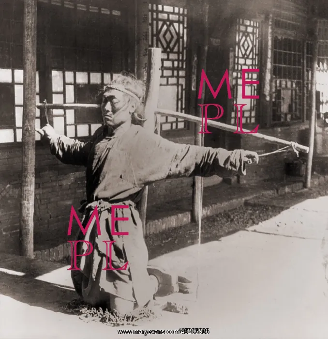 : Chinese prisoner kneeling on chains, with ? : Chinese prisoner kneeling on chains, with ?