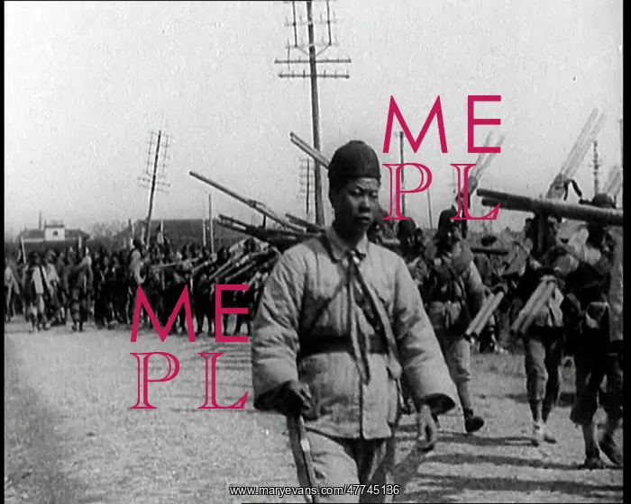 : Chinese Soldiers Marching Carrying Flags and : Chinese Soldiers Marching Carrying Flags and