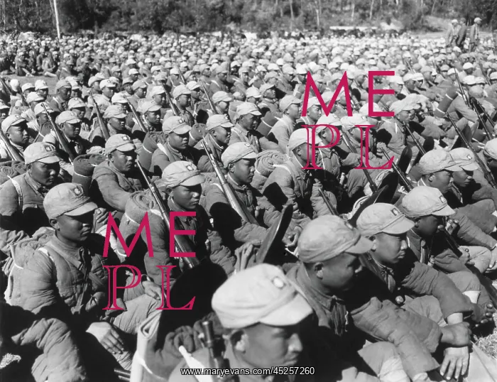 : Chinese soldiers seated in rows equipped with : Chinese soldiers seated in rows equipped with