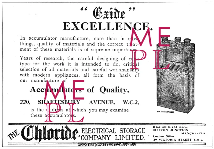 : Chloride Batteries. Exide Accumulators 1919 Advert : Chloride Batteries. Exide Accumulators 1919 Advert