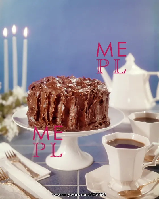 : Chocolate Iced Cake on White Cake Stand Coffee Pot Cups and : Chocolate Iced Cake on White Cake Stand Coffee Pot Cups and