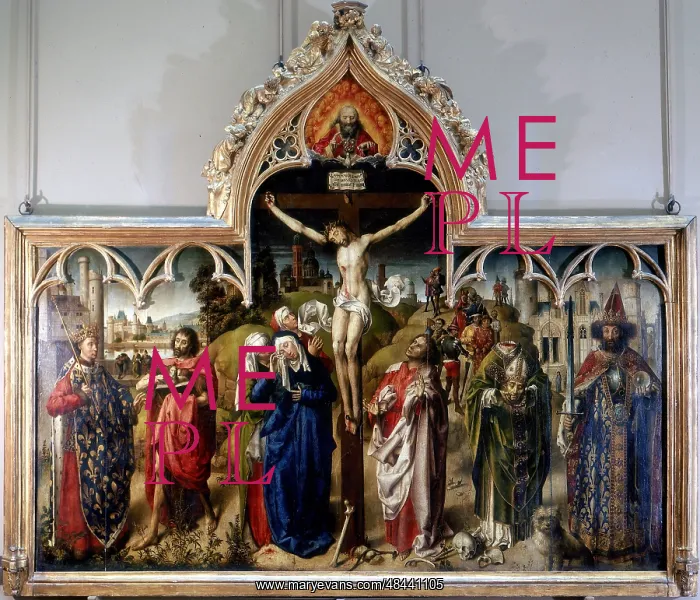 : Christ crucified, centre, with Virgin Mary and : Christ crucified, centre, with Virgin Mary and