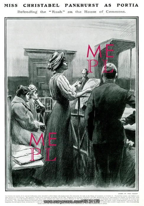 : Christabel Pankhurst defending herself in court 1908 : Christabel Pankhurst defending herself in court 1908