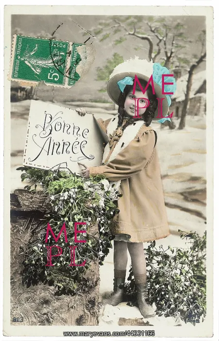  : Christmas. Portrait of a little girl holding a sign where there is written Bonne Annee