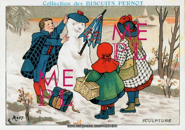 : Christmas. Illustrated card: Sculpture a boy is shaping a snowman while : Christmas. Illustrated card: Sculpture a boy is shaping a snowman while