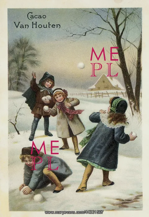 : Christmas. Cacao Van Houten jar label, group of children playing in a snow landscape : Christmas. Cacao Van Houten jar label, group of children playing in a snow landscape