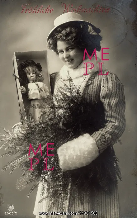 : Christmas. Portrait of a woman carrying a doll in a box : Christmas. Portrait of a woman carrying a doll in a box