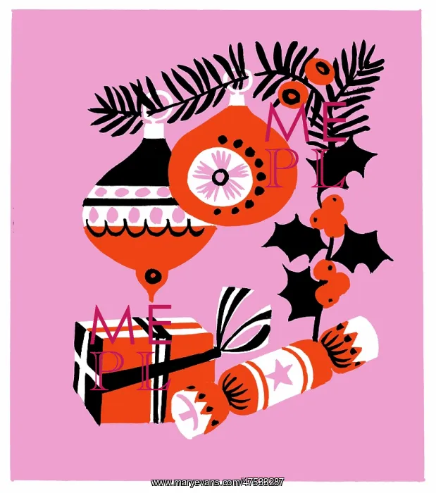 : Christmas balls, holly, cracker and parcel : Christmas balls, holly, cracker and parcel