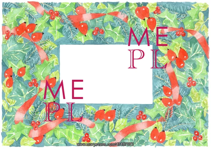 : Christmas border with red ribbon, holly etc : Christmas border with red ribbon, holly etc
