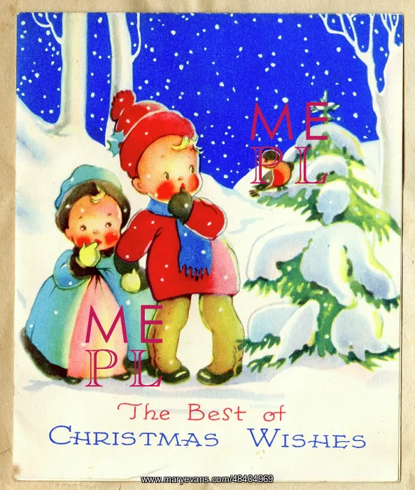  : Christmas card, Children in the snow looking at a robin