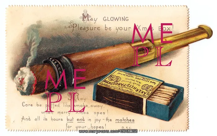: Christmas card with cigar and box of matches : Christmas card with cigar and box of matches