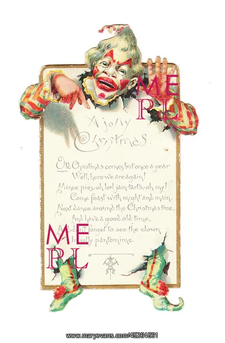 : Christmas card with a clown breaking through : Christmas card with a clown breaking through
