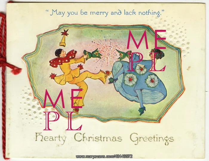 : Christmas card, Clown and lady with cracker : Christmas card, Clown and lady with cracker