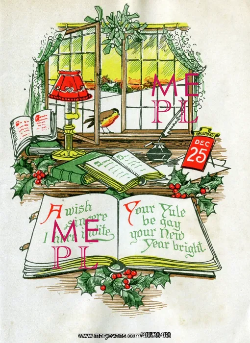 : Christmas card with desk, window and robin : Christmas card with desk, window and robin