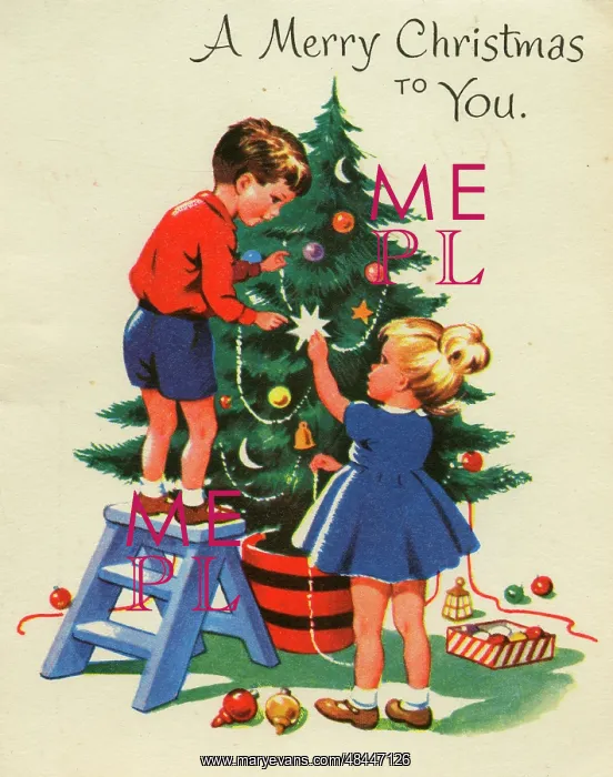 : Christmas card, Dressing the Christmas Tree : Christmas card, Dressing the Christmas Tree