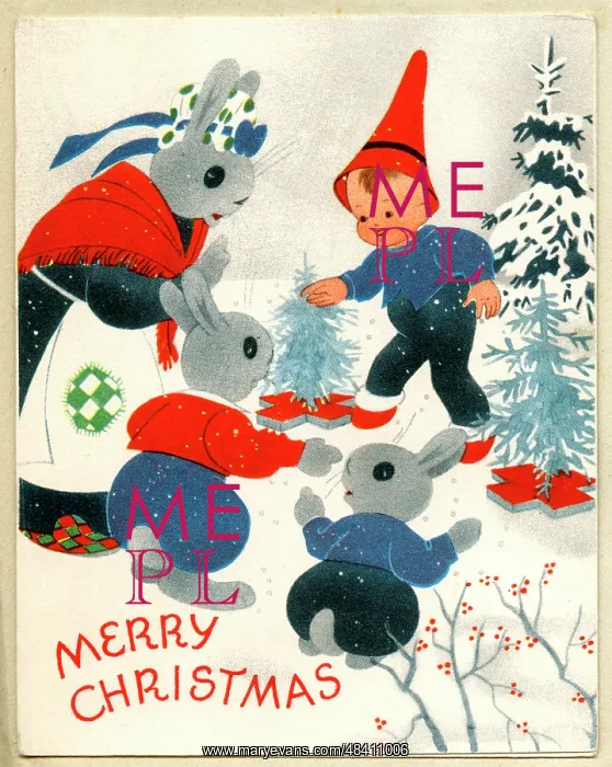  : Christmas card, Pixie and Bunny Rabbits in Snow