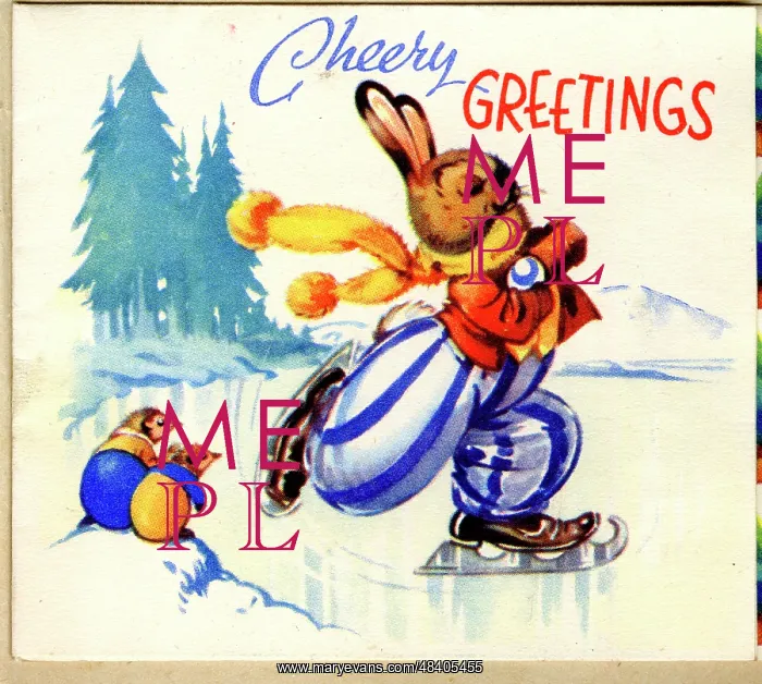 : Christmas card, Rabbit skating on ice : Christmas card, Rabbit skating on ice