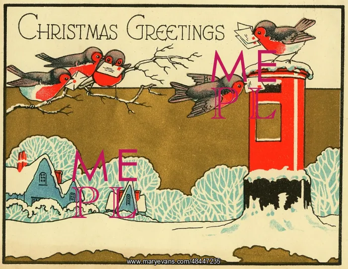  : Christmas card, Robins posting Christmas Greetings