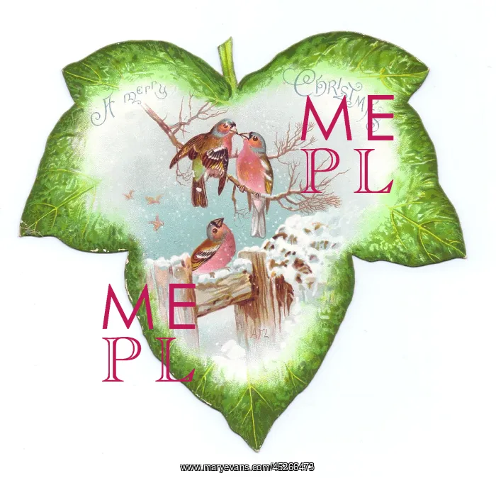 : Christmas card in the shape of a green leaf with birds : Christmas card in the shape of a green leaf with birds