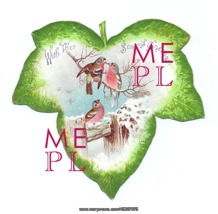 : Christmas card in the shape of a green leaf with birds : Christmas card in the shape of a green leaf with birds