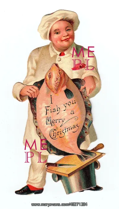: Christmas card in the shape of a man holding a fish : Christmas card in the shape of a man holding a fish