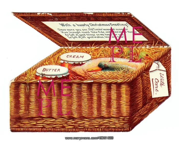 : Christmas card in the shape of a wickerwork food hamper : Christmas card in the shape of a wickerwork food hamper