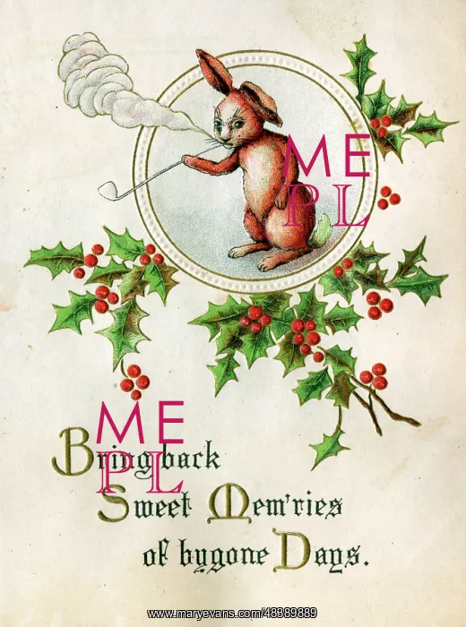 : Christmas card, smoking rabbit with holly : Christmas card, smoking rabbit with holly