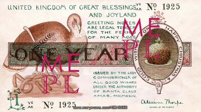 : Christmas cheque, with turkey, sausages and pudding : Christmas cheque, with turkey, sausages and pudding