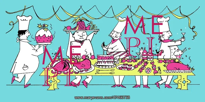 : Christmas Feast -- four chefs preparing food : Christmas Feast -- four chefs preparing food