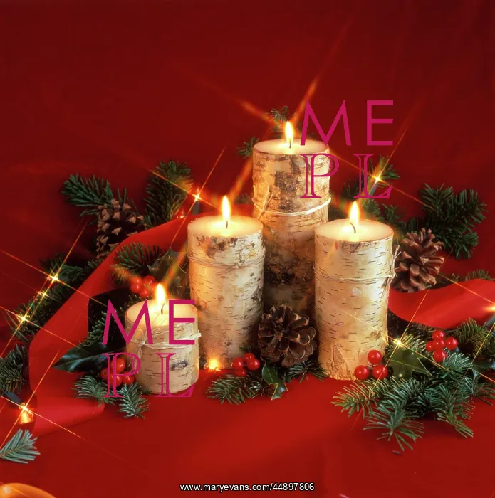 : CHRISTMAS STILL LIFE WITH BARK COVERED CANDLES : CHRISTMAS STILL LIFE WITH BARK COVERED CANDLES