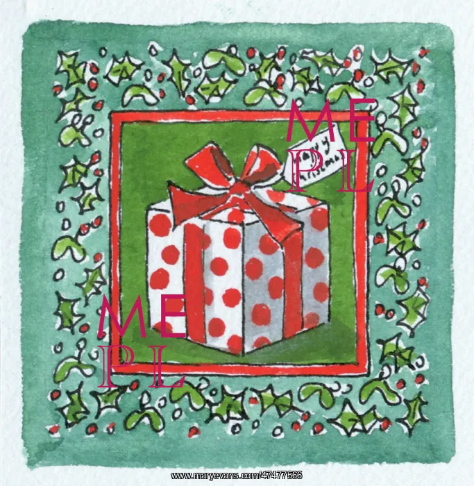  : Christmas Parcel with border of holly and mistletoe