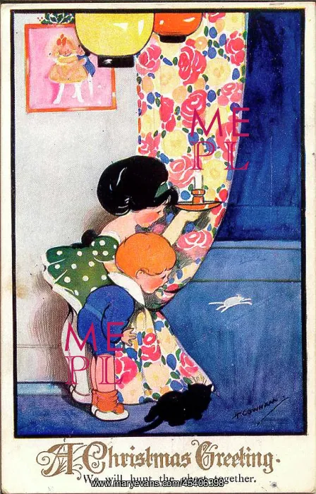 : Christmas postcard, children with cat and mouse : Christmas postcard, children with cat and mouse
