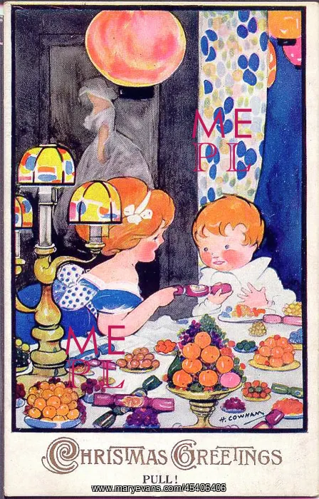 : Christmas postcard, children with cracker : Christmas postcard, children with cracker