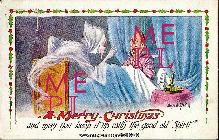 : Christmas postcard, Man in bed sees a ghost : Christmas postcard, Man in bed sees a ghost