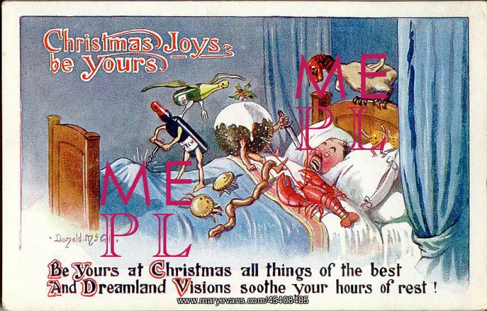: Christmas postcard, Man having nightmare about food : Christmas postcard, Man having nightmare about food